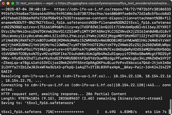 A terminal window displaying a download process for a large AI model file.