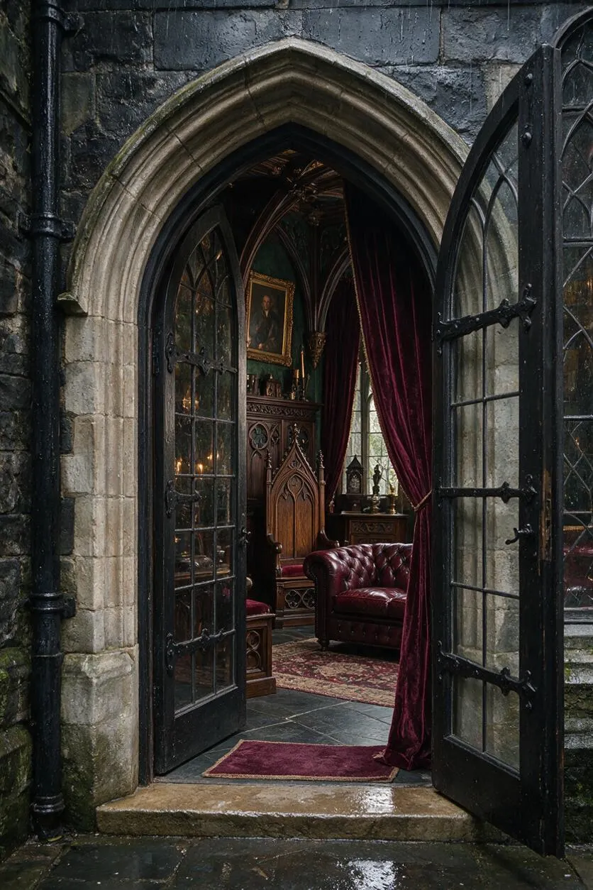 A Gothic-style stone entryway with a pointed arched doorway and open black leaded-glass doors reveals a dark, richly furnished interior. Inside are burgundy velvet drapes, a carved wooden throne-like chair, a tufted leather sofa, and candlelit details in deep, moody tones.