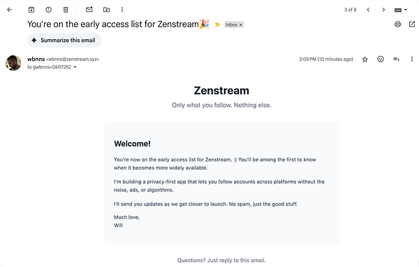 An email notification confirming early access to Zenstream.