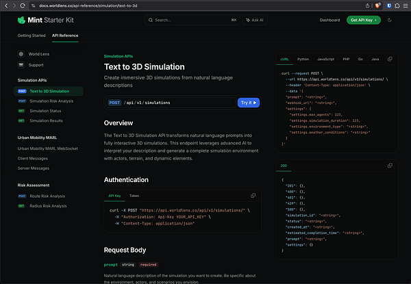 The image displays a documentation page for a Text to 3D Simulation API.
