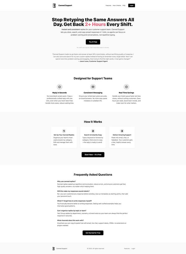 The image displays a webpage for the Canned Support tool, designed to enhance customer support efficiency.