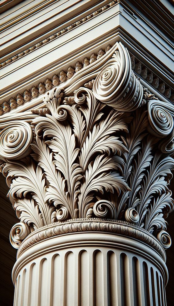 A detailed close-up of an intricately carved Acanthus leaf motif on the capital of a Corinthian column.