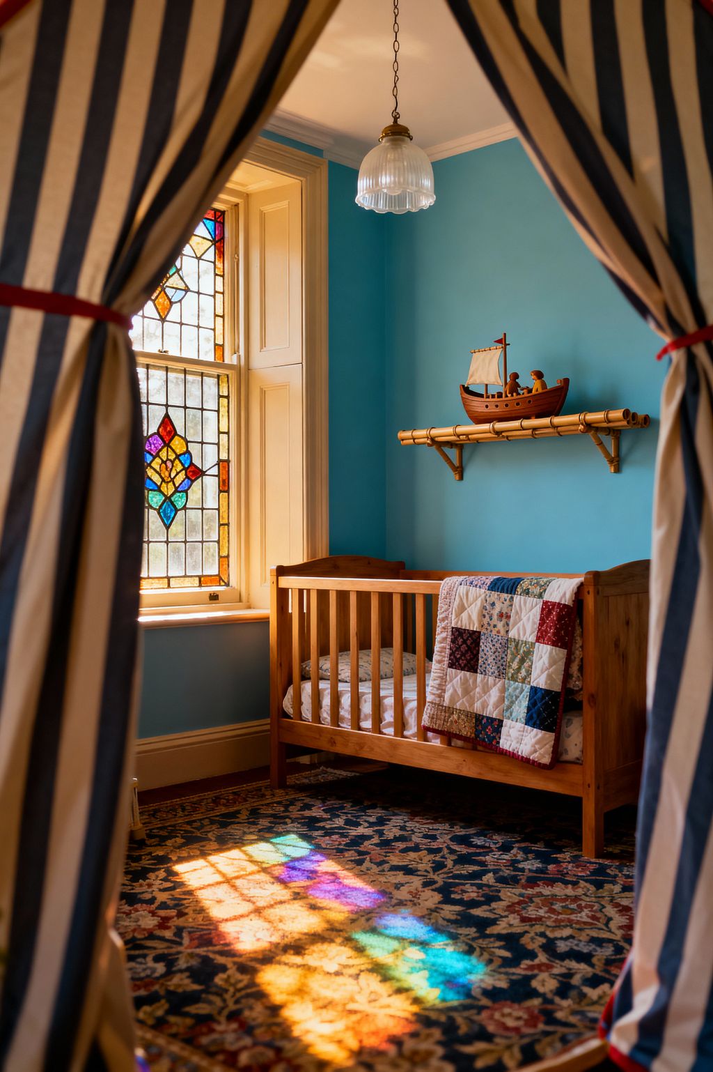 A view through striped tent curtains reveals a Victorian-inspired children’s room with sky-blue walls, a honey pine crib draped with a patchwork quilt, and a leaded stained-glass window casting multicolored light onto a navy floral carpet. Cream-painted shutters, a brass pendant with a ribbed glass shade, and a bamboo wall shelf holding a wooden toy boat complete the cozy, heritage look.