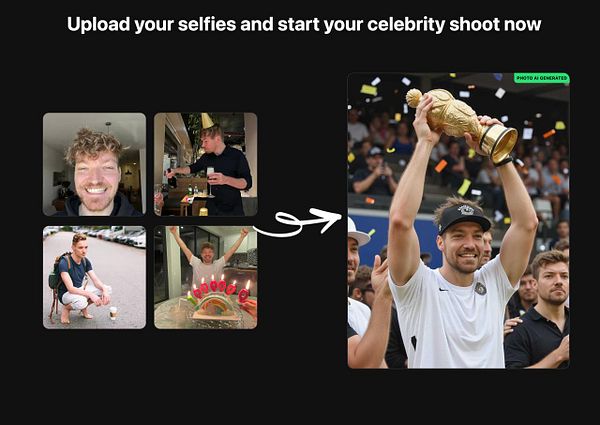 The image features a collage of selfies leading to a generated celebrity photo shoot.