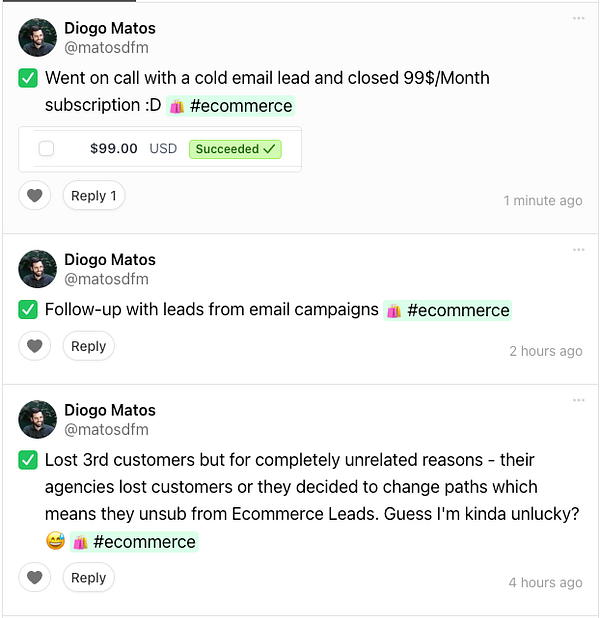 A social media post detailing the ups and downs of entrepreneurship.