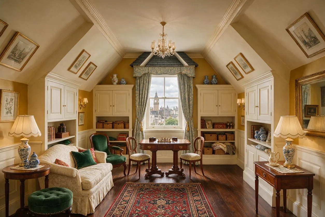 A traditional attic-style game room with a sloped ceiling, warm yellow walls, and built-in cabinetry on both sides. The room features a small game table near a central window, upholstered seating, a Persian-style rug, table lamps, framed artwork, and a crystal chandelier.