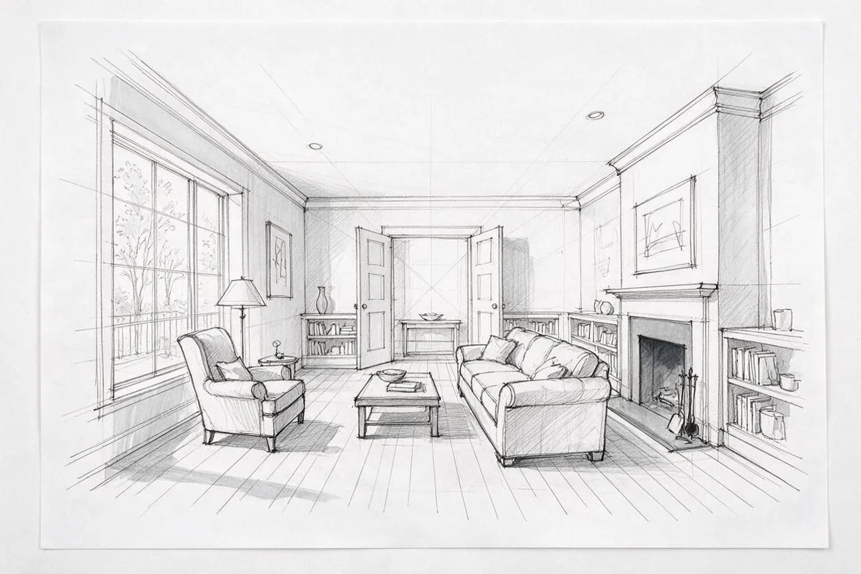A designer's pencil sketch of a living room