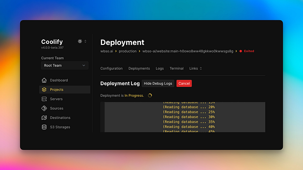 The image displays a deployment interface from Coolify for the project wbso.ai.