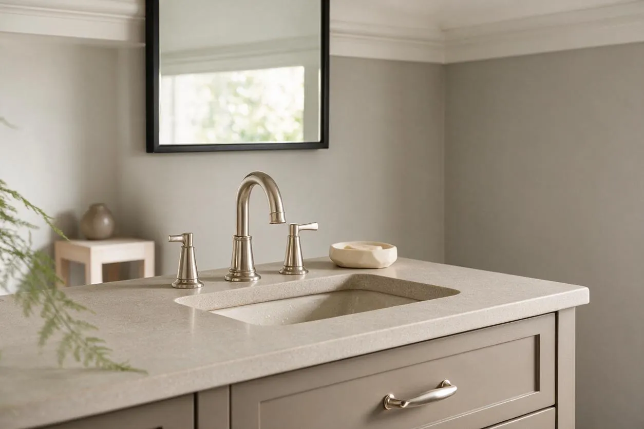A transitional bathroom vanity with a light stone countertop, integrated sink, and brushed brass faucet and handles. The soft taupe cabinetry and pale gray walls create a calm, elegant space with a simple mirror and natural light.