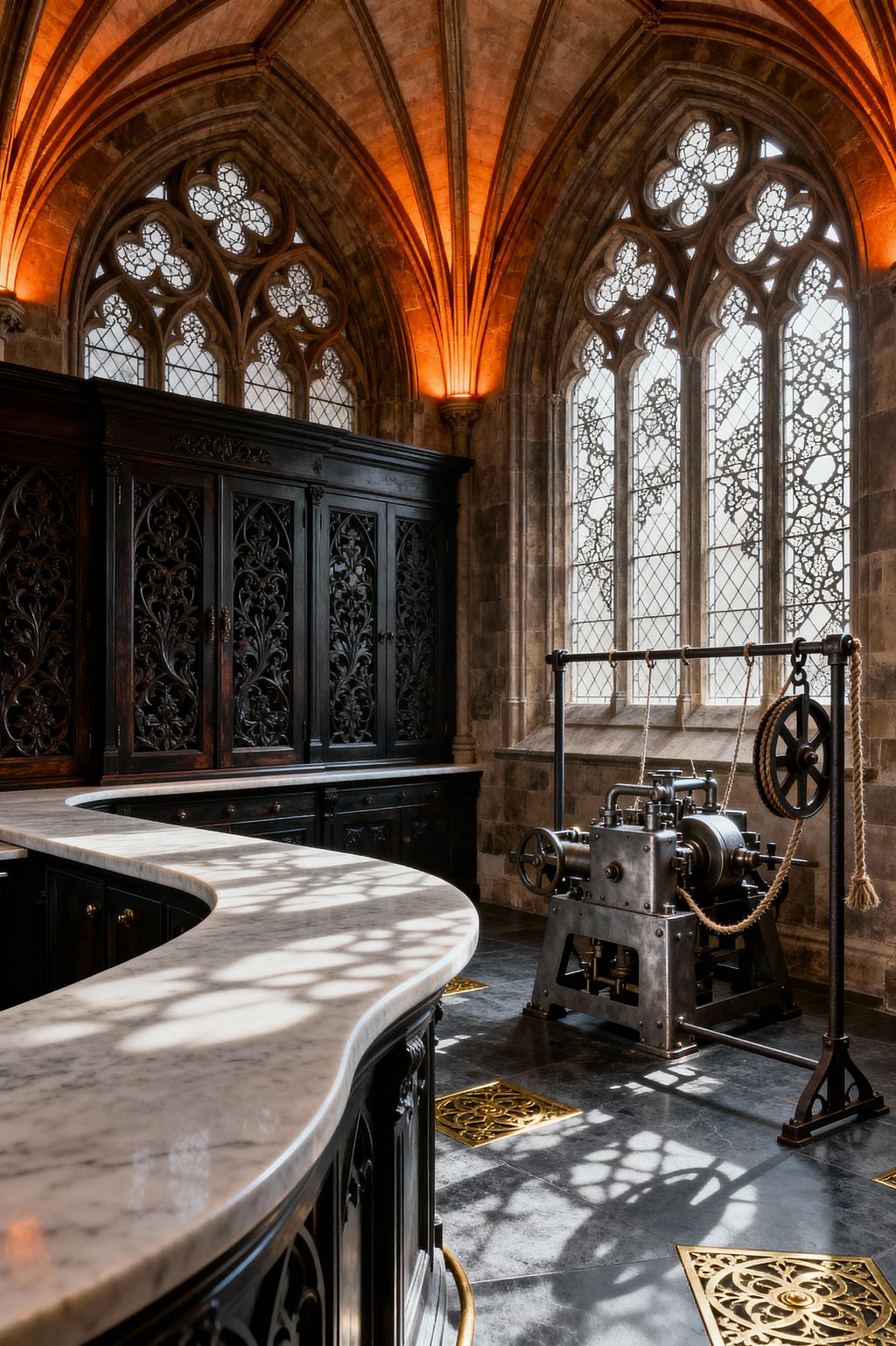 A dramatic Gothic laundry room features ribbed vaulted stone ceilings with warm amber uplighting and tall lancet windows with diamond leaded glass and delicate tracery. Shadows from the windows fall across a curved white marble countertop and dark stone floor with brass grilles. To the left, black carved wood cabinetry provides storage, while a vintage steel mangle with ropes and gears stands to the right beneath a hanging rail, highlighting the space’s industrial function.