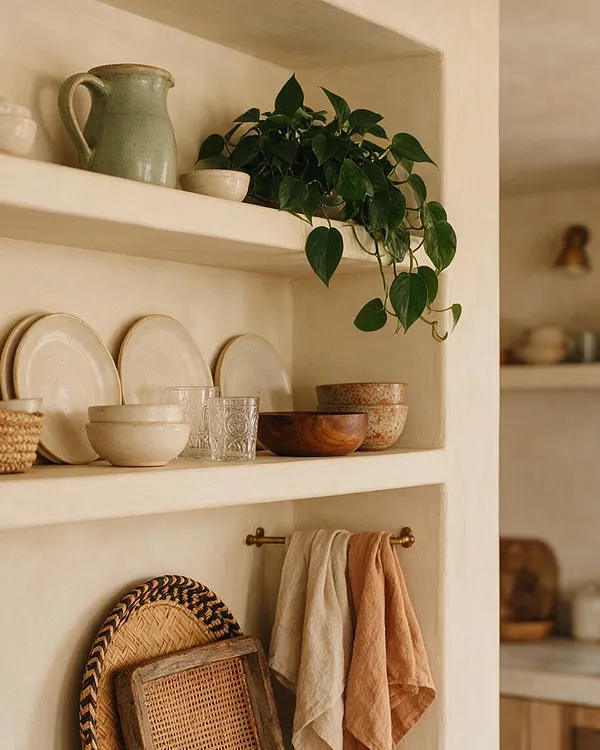 A warm bohemian kitchen vignette with open recessed shelves holding cream ceramic plates, glass tumblers, a green ceramic pitcher, small bowls, and a trailing leafy plant. Below, a brass towel bar with soft neutral dish towels sits above woven trays and a cane-backed piece, all against creamy plaster walls.