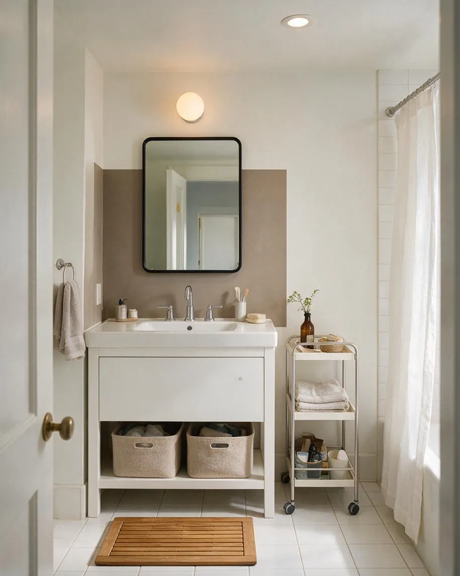A modern master bathroom with a white vanity, integrated sink, and black-framed mirror centered on a taupe accent wall. White tile flooring, a sheer shower curtain, a rolling storage cart, woven baskets, and a wooden bath mat add warmth and practical storage.