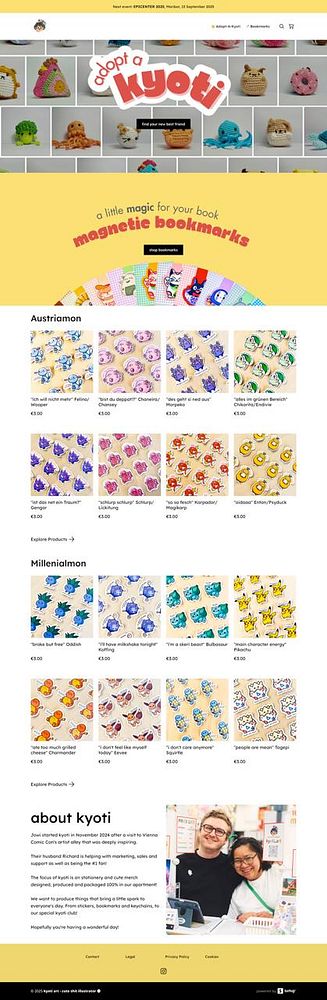 The image displays a colorful homepage for a shop called 'Adopt a Kyoti', featuring various magnetic bookmarks and a section about the creators.