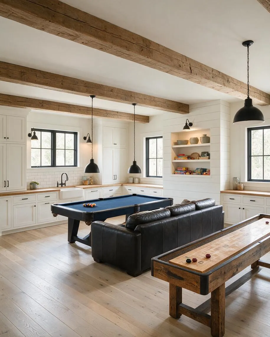 A bright farmhouse-style game room with white shiplap walls, exposed wood ceiling beams, and light oak floors. The room includes a blue felt pool table, a dark leather sofa, a rustic shuffleboard table, black pendant lights, and built-in cabinets and shelves with games and decor.