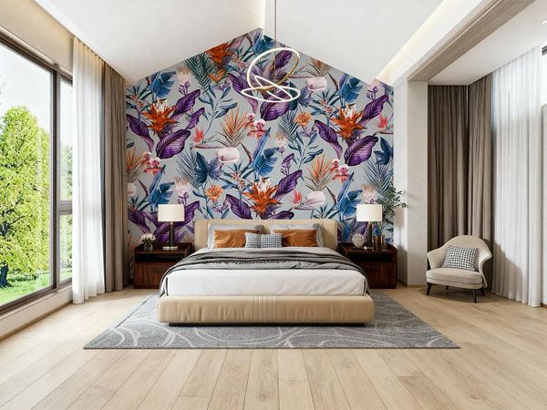 A modern bedroom featuring a vibrant floral wallpaper and stylish furnishings.