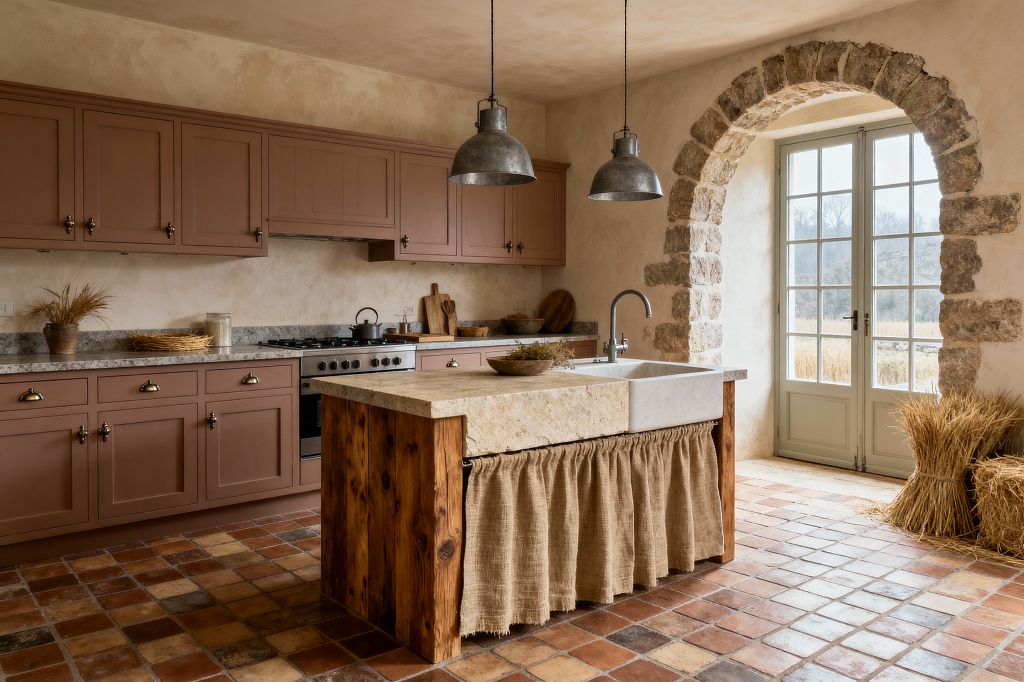 A rustic French Country kitchen features dusty rose Shaker cabinets with aged metal pulls, a speckled gray stone countertop, and a stainless steel range set against limewashed plaster walls. At center, a reclaimed-wood island holds a pale limestone worktop and stone apron sink trimmed with a gathered burlap skirt, lit by two galvanized pendants; terracotta floor tiles, an arched rough-stone opening framing light-painted French doors, and bundles of wheat complete the warm atmosphere.