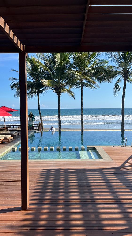 A serene beach club scene featuring a pool, palm trees, and ocean views.