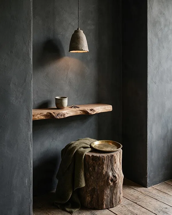 A moody entryway with dark textured plaster walls, a floating live-edge wooden shelf, and a stump-like wood stool. A handmade pendant lamp casts warm light over a ceramic cup, keys, a brass tray, and a draped olive textile on weathered plank flooring.