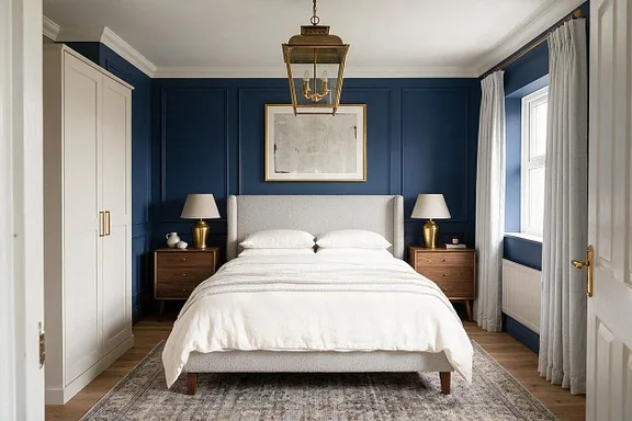 A Transitional bedroom in the Navy Retreat palette