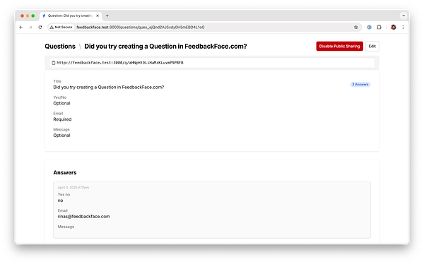 The image displays a user interface for a question and answer feature on FeedbackFace.com.