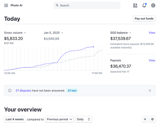 The image displays a financial dashboard for a service called Photo AI, showing today's gross volume, SGD balance, and payouts.