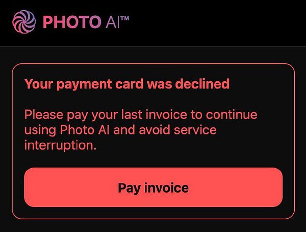 A payment decline notification from Photo AI prompts users to settle their last invoice.