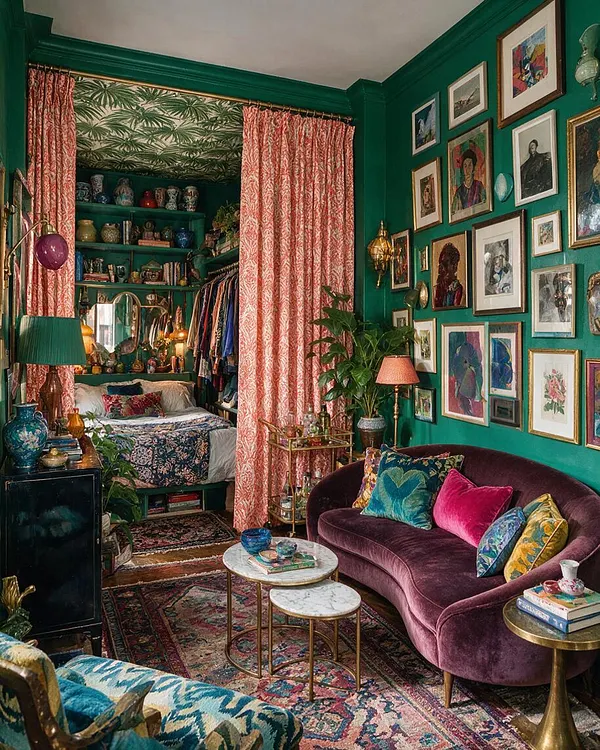 A compact studio apartment packed with layered decor and bold color. Emerald green walls, pink patterned curtains, a plum velvet sofa, framed artwork gallery walls, patterned rugs, and an open sleeping nook create a richly decorated maximalist interior.