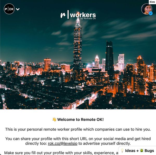 The image features a vibrant city skyline at night, accompanied by a welcome message for Remote OK users.