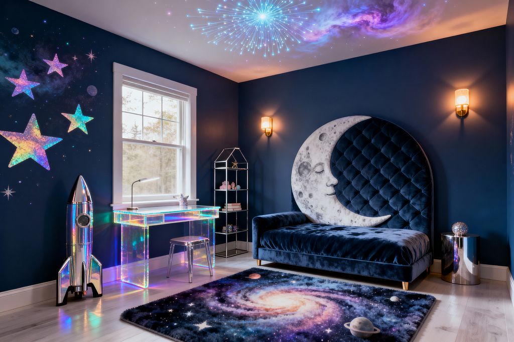 A kids’ bedroom with deep navy walls features a tufted navy velvet daybed with an arched headboard topped by a sculpted crescent moon. A plush galaxy rug anchors an iridescent acrylic desk and a chrome stool beside a chrome rocket; a geometric chrome shelf holds toys, brass sconces with frosted shades flank the bed, a mirrored side table supports a crystal-like orb, and the ceiling displays a starburst light and nebula projection near a white-trimmed window.