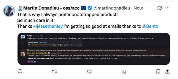A Twitter post discussing email management and customer support interactions.