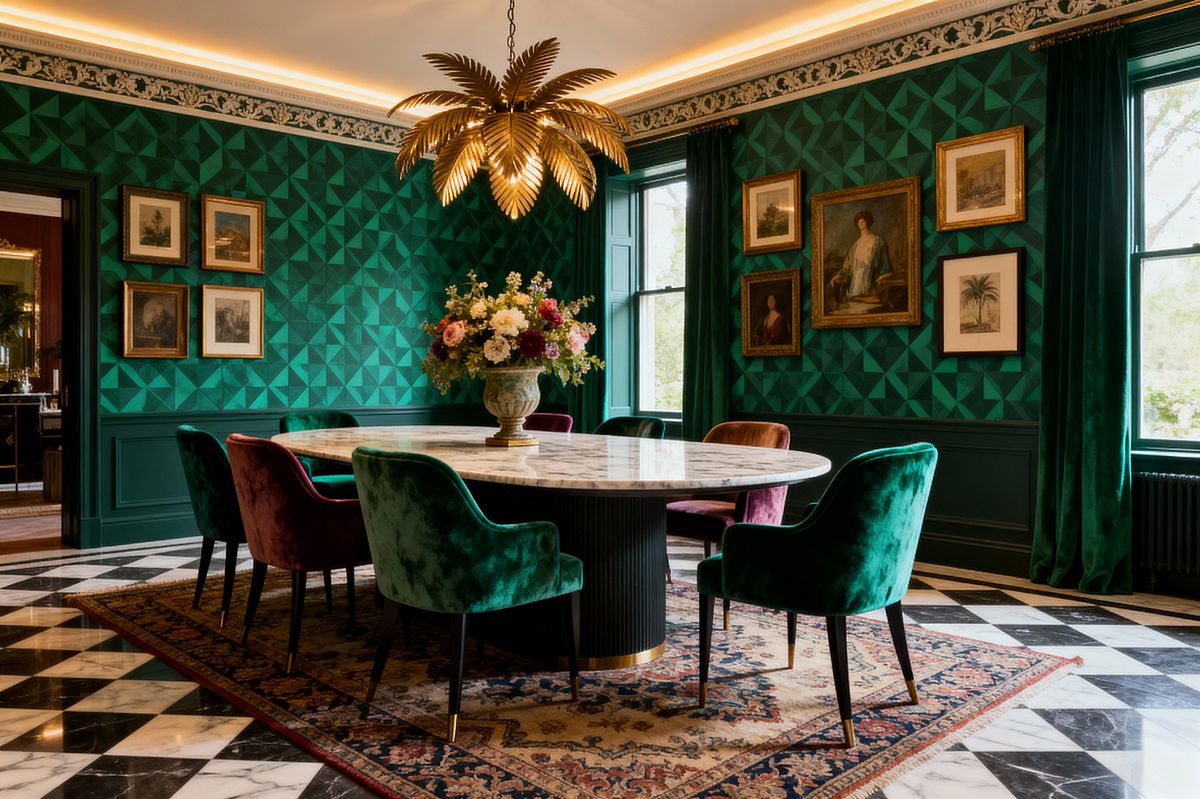 Room AI – Emerald Maximalist Dining with Marble and Brass - Interior