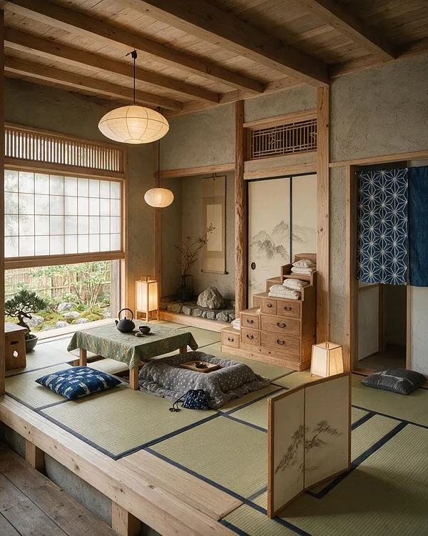 A serene Japanese Zen-style backyard room with tatami mats, low floor seating, paper lantern lights, and sliding shoji-style window screens. Natural wood beams, a small rock garden view, and indigo patterned textiles create a calm, minimalist atmosphere.