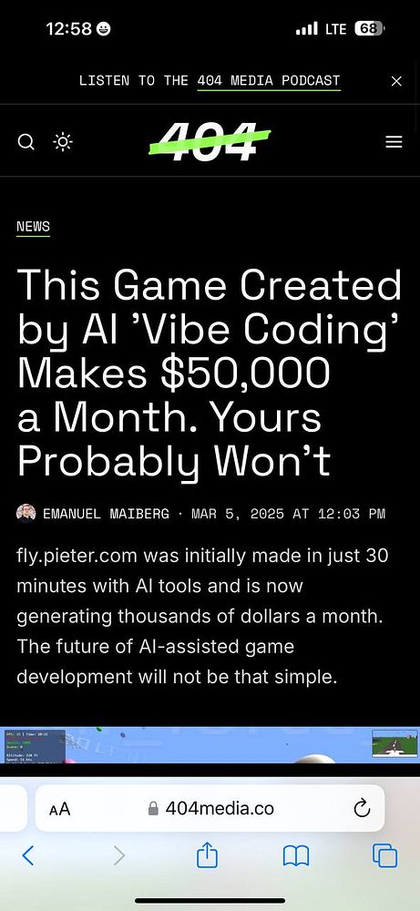 A mobile screenshot of a news article discussing a game created by AI tools.