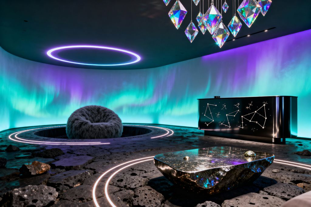 A futuristic media room with a curved wall glowing like the aurora in teal and purple, a dark ceiling with a luminous LED ring, and a cratered black lava-stone floor traced by circular light tracks. At the center is a sunken circular lounge chair in gray faux fur. A low mirrored, galaxy-patterned table and a glossy black console printed with constellation graphics sit nearby, beneath hanging iridescent diamond-shaped pendant lights.