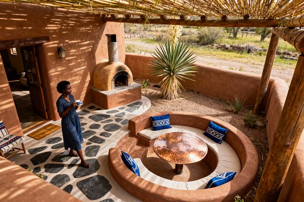 A Southwestern patio with terracotta adobe walls features a beehive-style kiva oven on a stone hearth, a circular sunken seating area with sand-colored cushions, and a hammered copper round table. A pergola of peeled log beams and bamboo slats casts striped shade over a flagstone-in-concrete floor, while a yucca plant borders the space and a person holding a mug walks near a rustic wood door and lantern.