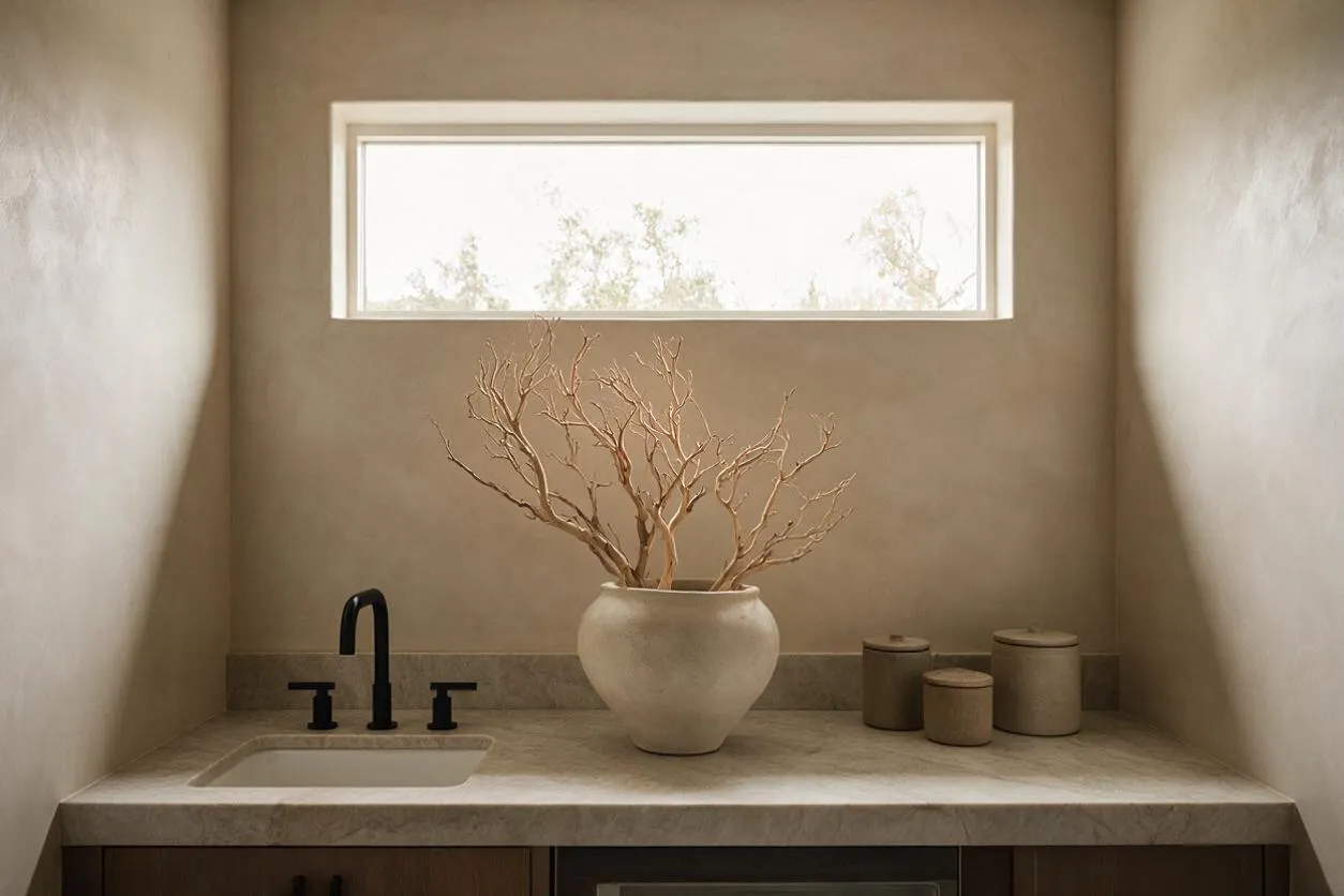 A narrow laundry room with soft beige plaster walls, a long stone countertop, and a small under-mount sink with matte black faucet and handles. A large rounded ceramic vase with dried branches sits centered on the counter, with three small neutral containers to the right and a slim horizontal window bringing in bright natural light.