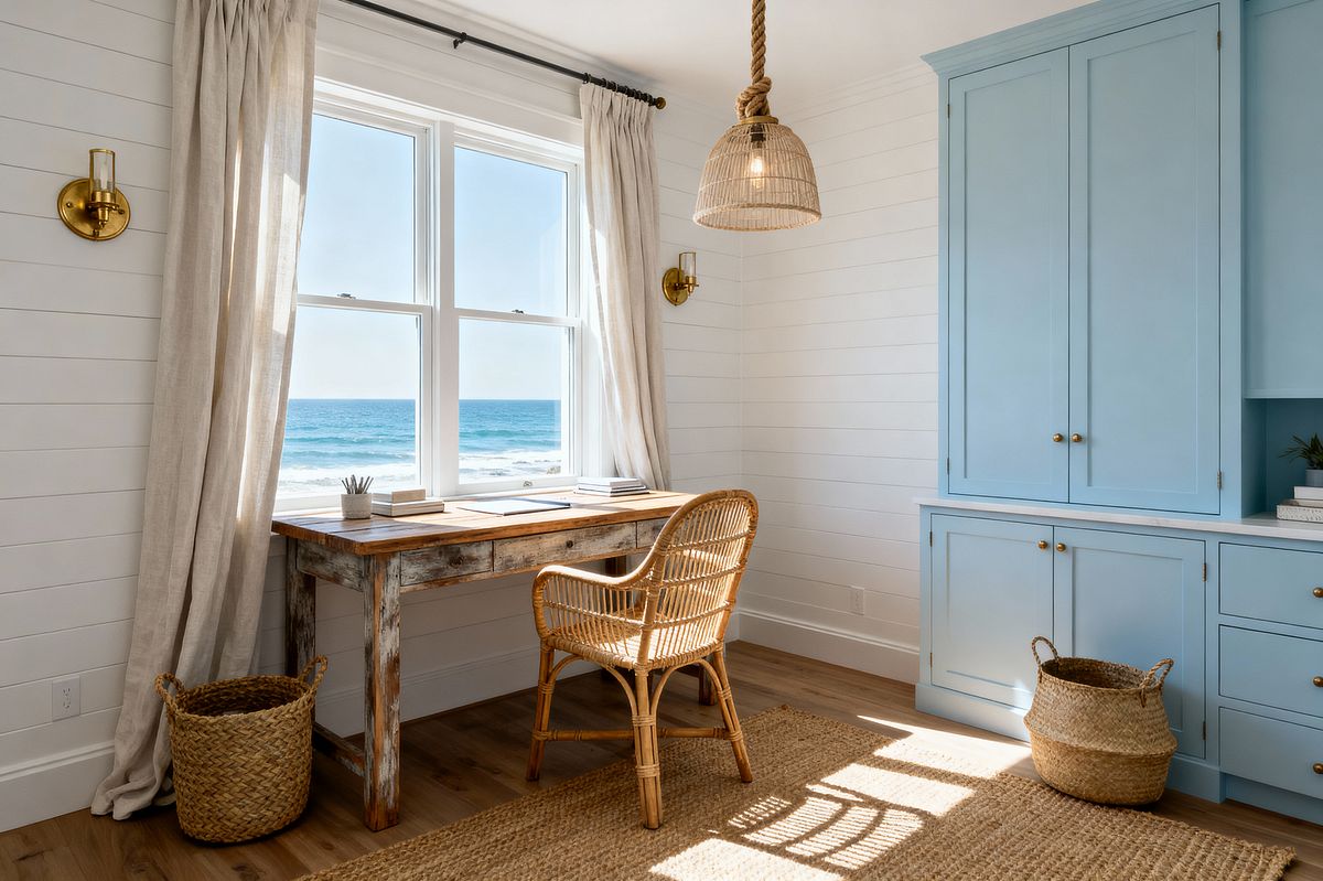 Room AI – Oceanfront Office with Blue Shaker Built-ins - Interior