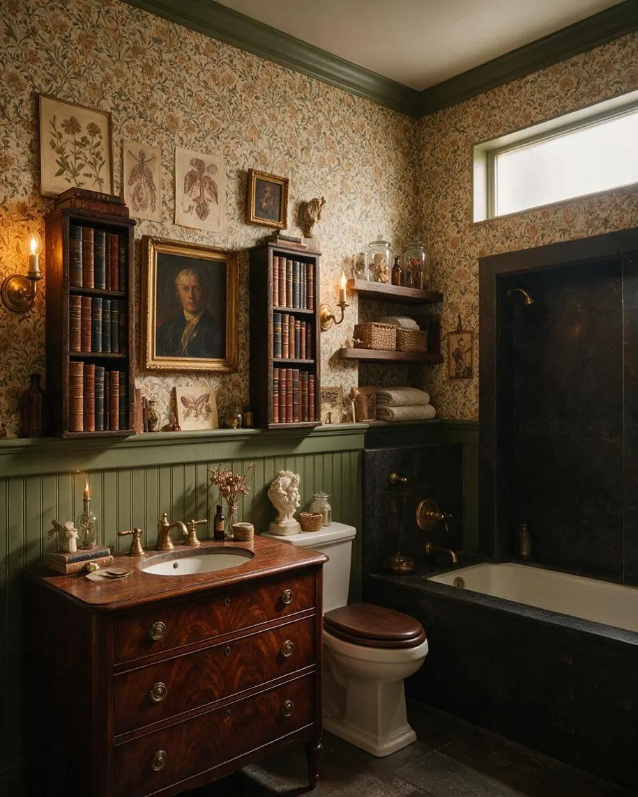 A moody master bathroom styled in Dark Academia fashion, featuring floral wallpaper, green wainscoting, a dark wood vanity, brass fixtures, and a black tub surround. The walls are decorated with framed botanical prints, antique-style portraits, and shelves filled with books, jars, and folded linens, creating a scholarly, vintage atmosphere.