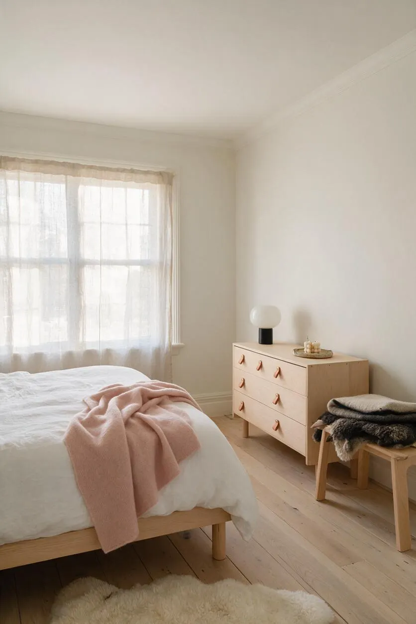 A serene Scandinavian-style guest bedroom with a light wood bed, white bedding, and a soft pink throw. Sheer curtains filter daylight from a large window, while a pale wood dresser, small bench with folded blankets, and simple mushroom lamp complete the calm neutral space.