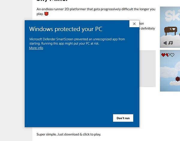 A warning message from Windows Defender SmartScreen about an unrecognized app.