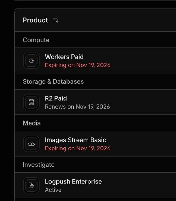 A screenshot of a subscription management interface showing various Cloudflare services with their statuses and expiration dates.