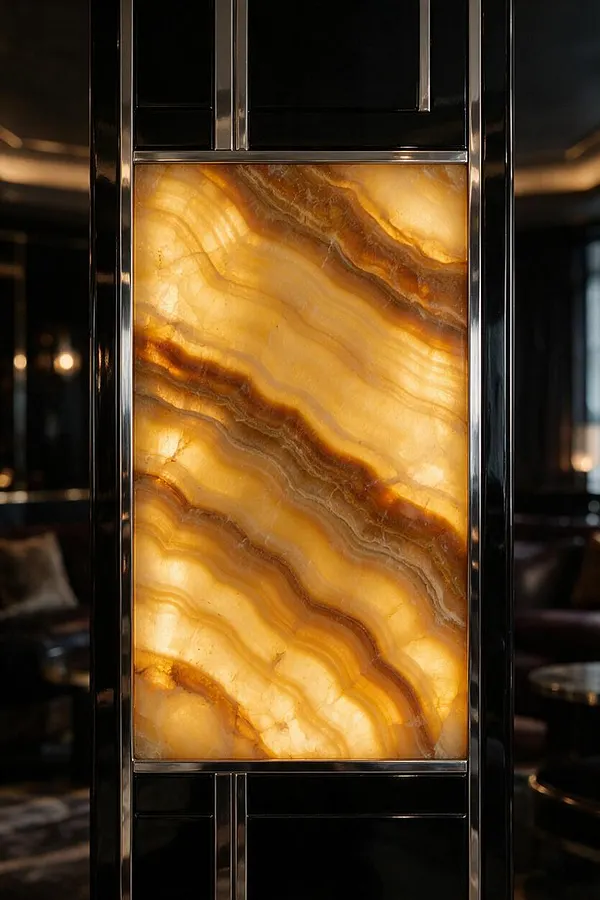 A vertically oriented glowing onyx stone panel with warm amber and golden bands is framed by glossy black surfaces and slim chrome trim. The surrounding space is dark and reflective, emphasizing the panel’s luminous, luxurious Art Deco character.