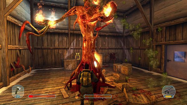 A character is battling a monstrous, fiery creature in a wooden cabin setting.