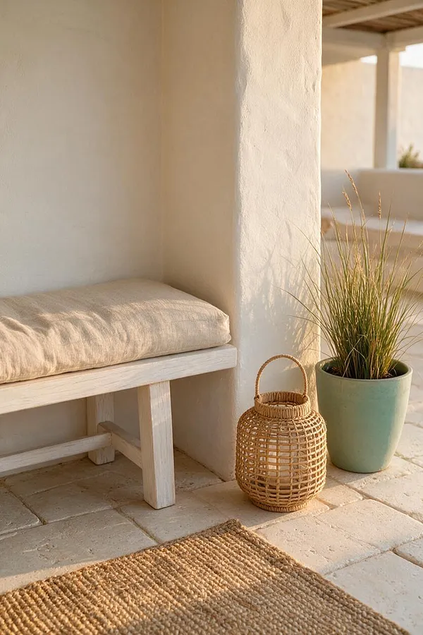 A sunlit coastal porch nook with a pale wood bench topped by a beige cushion, a woven lantern basket on the floor, and a soft green planter holding tall grass. The space features cream stucco walls, light stone pavers, and a natural jute rug in warm neutral tones.