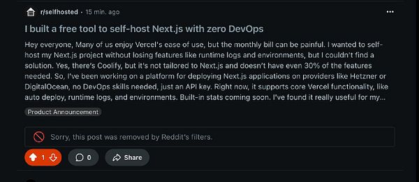 A Reddit post discussing a tool for self-hosting Next.js applications has been removed by Reddit's filters.