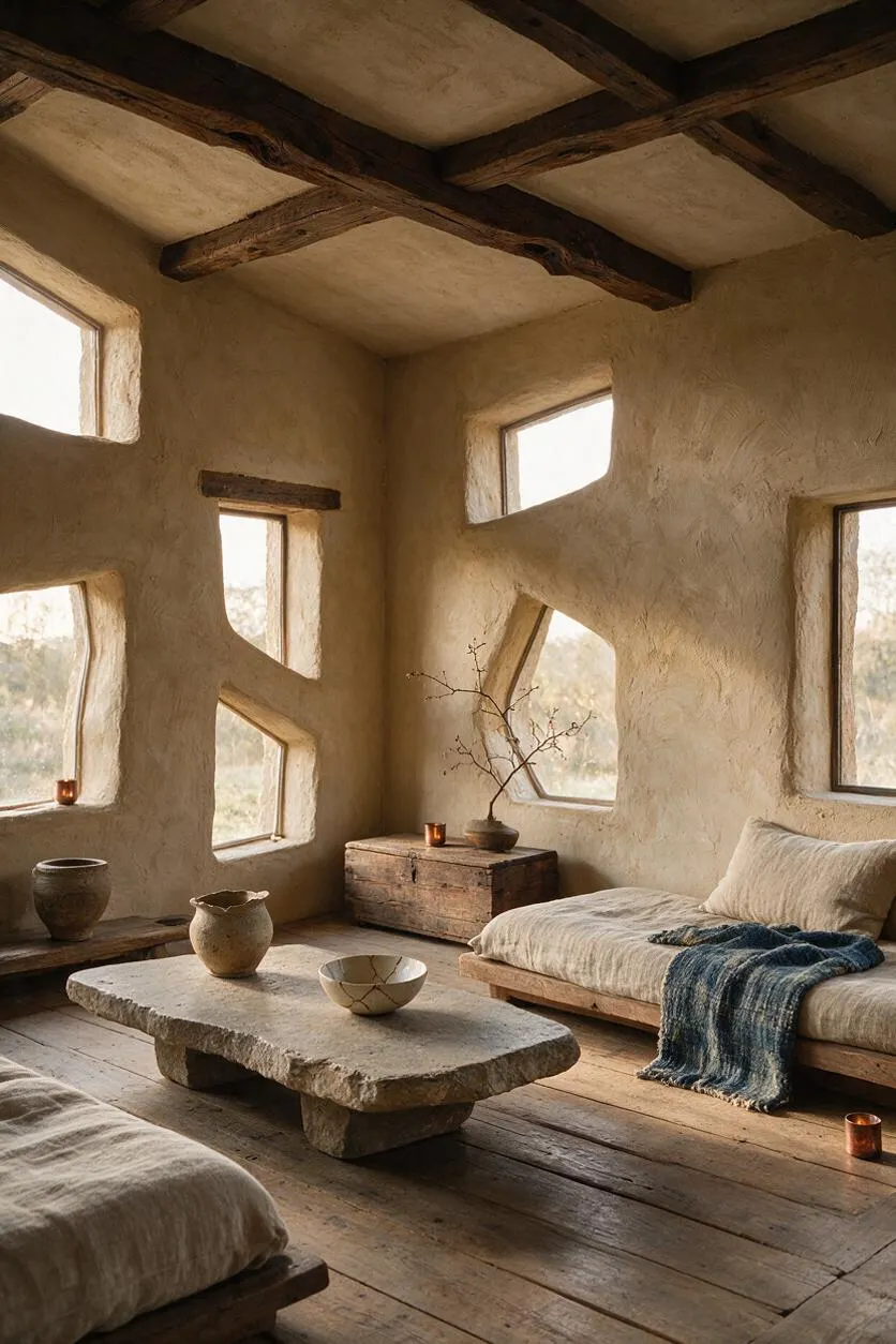 A serene sunroom with plaster walls, irregular window openings, exposed dark wood ceiling beams, and wide plank wooden floors. Low linen seating surrounds a rough stone coffee table, with ceramic vessels, a weathered wooden chest, and a blue woven throw adding soft natural contrast.