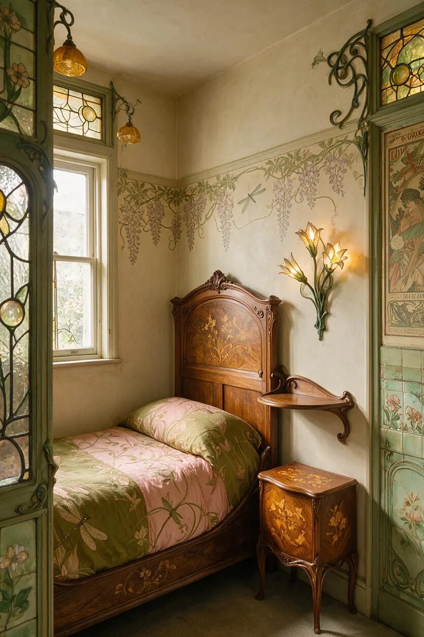 A small Art Nouveau guest bedroom with a carved wooden bed, floral bedding in soft green and pink, and an ornate headboard. The room features hand-painted vine motifs, stained glass panels, amber pendant lights, and a decorative wooden bedside cabinet, creating a warm vintage atmosphere.