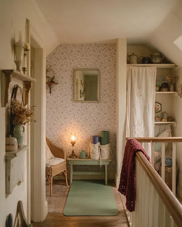 A cozy cottagecore-inspired home gym with floral wallpaper, a pale green yoga mat, and a wicker chair beside a small painted bench. A warm lamp glows against the patterned wall, while open shelves with pottery, folded towels, and woven storage add a homely, collected feel.