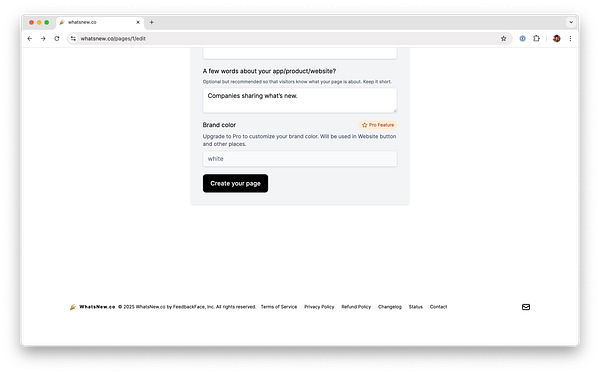 The image displays a web interface for editing a page on WhatsNew.co, focusing on brand color customization as a pro feature.