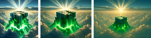 A visually striking digital artwork featuring a cube structure surrounded by clouds and rays of light.